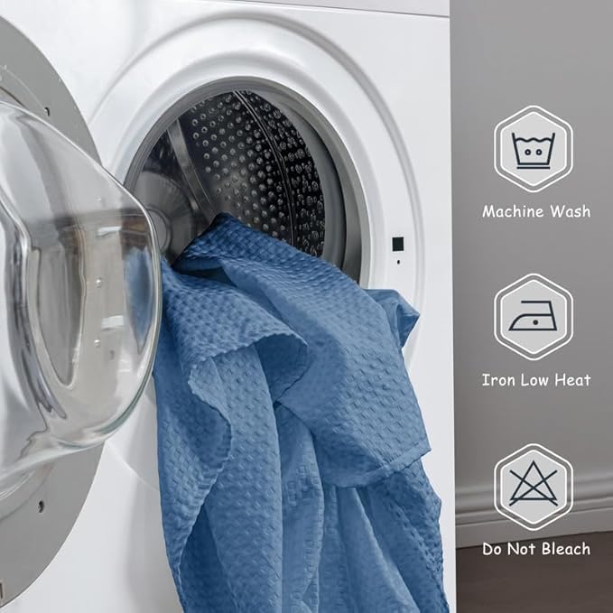 MIYE Pleated Waffle Weave Bed Skirt, Tailored Dust Ruffle 16 Inch Drop Easy Fit, Machine Washable (Blue, King - 16" Drop)