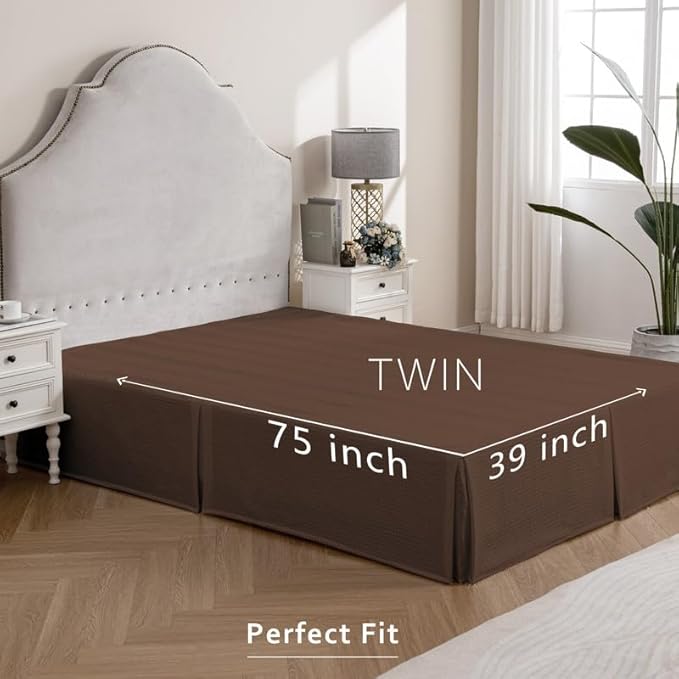 MIYE Pleated Waffle Weave Bed Skirt, Tailored Dust Ruffle 12 Inch Drop Easy Fit, Machine Washable (Brown, Twin - 12" Drop)