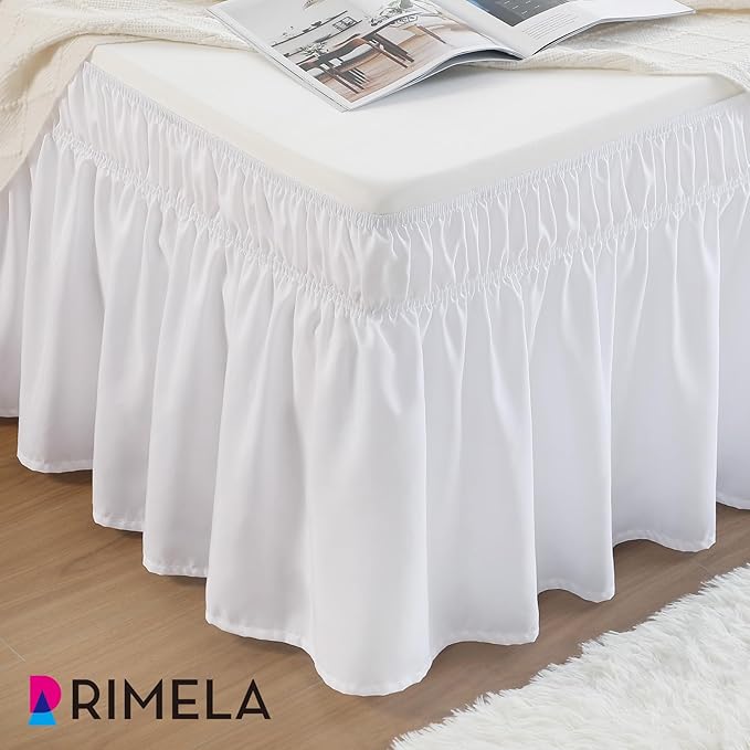 RIMELA White King Size Bed Skirt 12 Inch Drop, Elastic Bed Skirts Cal King Dust Ruffle, White Bedskirt for Adjustable Bed Base Solid Fade Resistant Silky Fabric Machine Washable Easy to Install