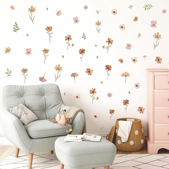 Small Flowers Wall Sticker Boho Floral Leaf Wall Decal Watercolor Botanical Leaves Wall Decals Plants Flowers Wall Stickers Removable Retro Floral Wall Decals for Nursery Bedroom Decor