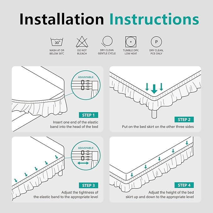 WVM Wrap Around Ruffled Dust Ruffle Bed Skirt with 15" Long Drop for Queen Bed, Feature White Adjustable Buckles, Easy to Install, Wrinkle-Resistant, Fade-Resistant, Soft, Stylish, Machine Washable