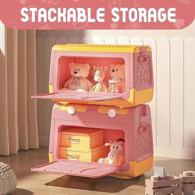 Toy Box Chest with Lid, Unicorn Collapsible Storage Organizer for Kids Boys Girls, Plastic Stackable Toddler Toy Bins with Double Door Lid (Pink)