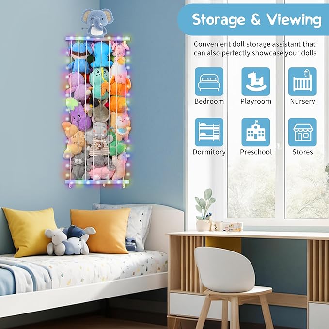 Stuffed Animal Storage Corner Plush Toys Holder with Star Pattern,Stuffed Animals Holder with LED Light,Large Corner Kids Plushies Toys Wall Hangingwith Adjustable Length for Nursery Playroom Bedroom