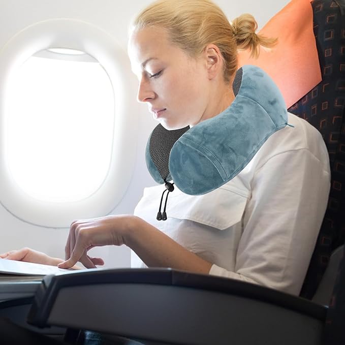 Pure Memory Foam Travel Pillow Set for Adults - Comfortable & Breathable Removable Cover, Airplane Travel Kit with Eye Mask & Portable Storage Bags for Plane Accessories - Blue