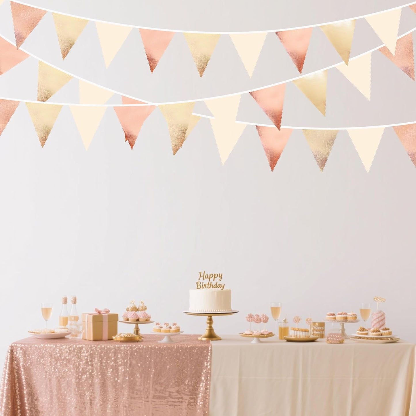 Rose Gold Champagne Gold Beige Party Decorations Metallic Fabric Triangle Flag Pennant Banner Garland Bunting for Engagement Bridal Shower Wedding Birthday Baby Shower Graduation Decoration Supplies