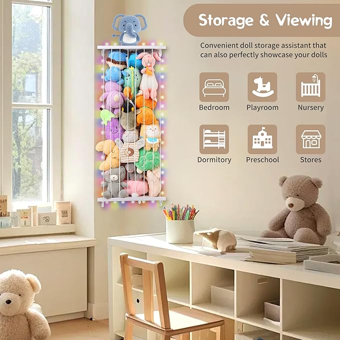 Stuffed Animal Storage Corner Plush Toys Holder with Star Pattern,Stuffed Animals Holder with LED Light,Large Corner Kids Plushies Toys Wall Hangingwith Adjustable Length for Nursery Playroom Bedroom