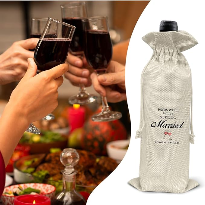 HOIJAUMAI Wedding Gift Wine Bag, Wedding Gift for Mr and Mrs, Engagement Gifts for Couples, Pairs Well with Getting Marriage Burlap Drawstring Wine Bag