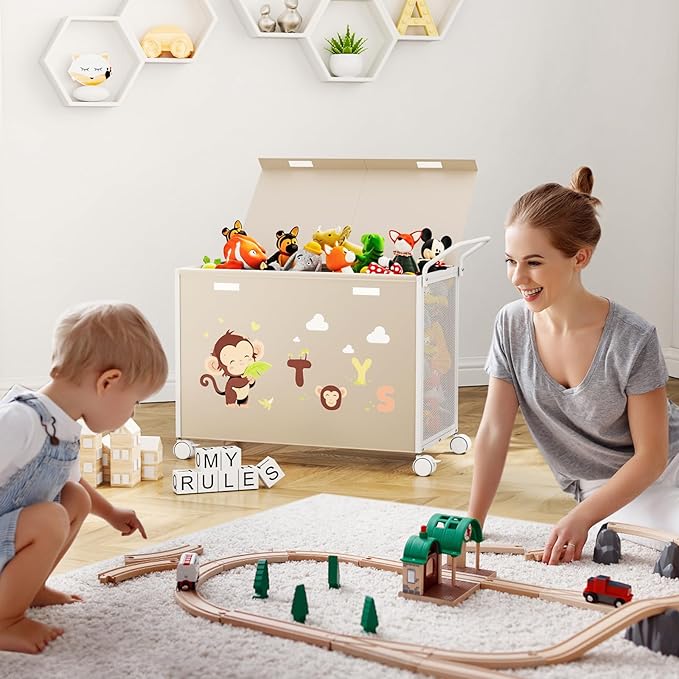 Toy Box Toy Storage - 72L Kids Toy Organizer with Wheels Toy Chest Storage Bins with Lids, Toy Boxes for Girls Boys, Stuffed Animals, Clothes, Bedroom, Living Room (beige)