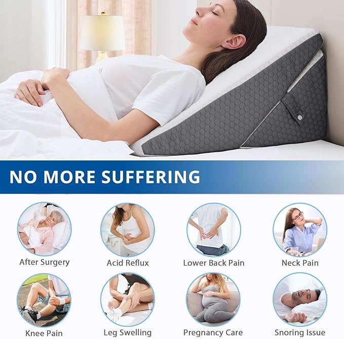 Sasttie Wedge Pillow for Sleep Apnea, 12 Inch Bed Wedge Pillow for Back Pain Relief, Adjustable Memory Foam Pillow Wedges for Sleeping Acid Reflux, Shoulder Pain Relief and Snoring, Dark Grey & White