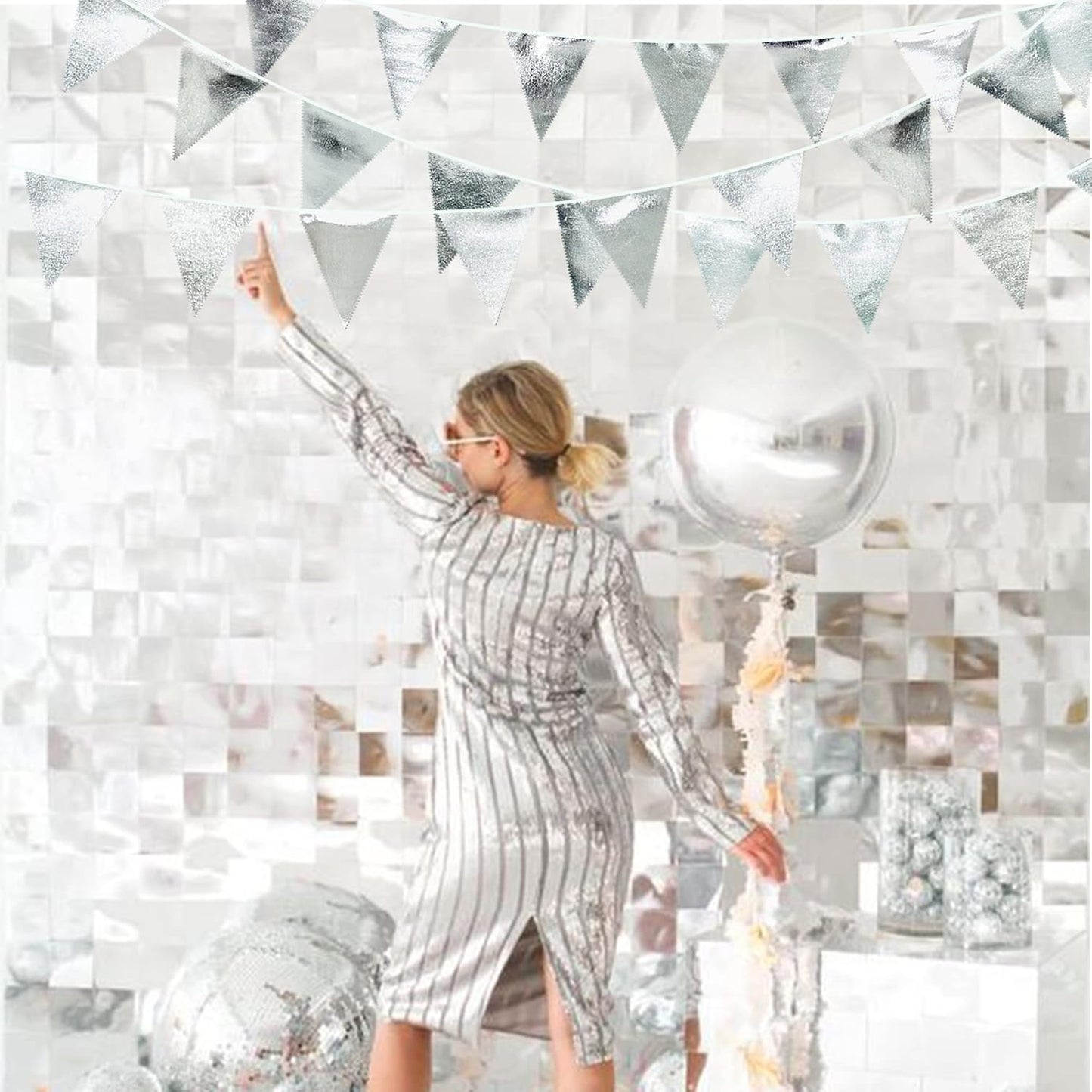 Silver Party Decorations Metallic Fabric Triangle Pennant Banner Silver Flag Bunting Garland for Graduation Birthday Wedding Bridal Shower Anniversary Engagement Bachelorette Party Decoration Supplies