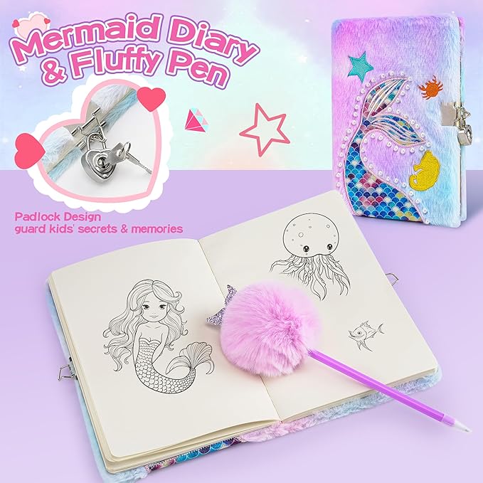Cherry Tale Mermaid Gifts for Girls Age 5 6 7 8 9 10, Girls Mermaid Birthday Gifts Set with Light Up Star Pillow Diary Plush DIY Water Bottle Kits Christmas Presents Toys