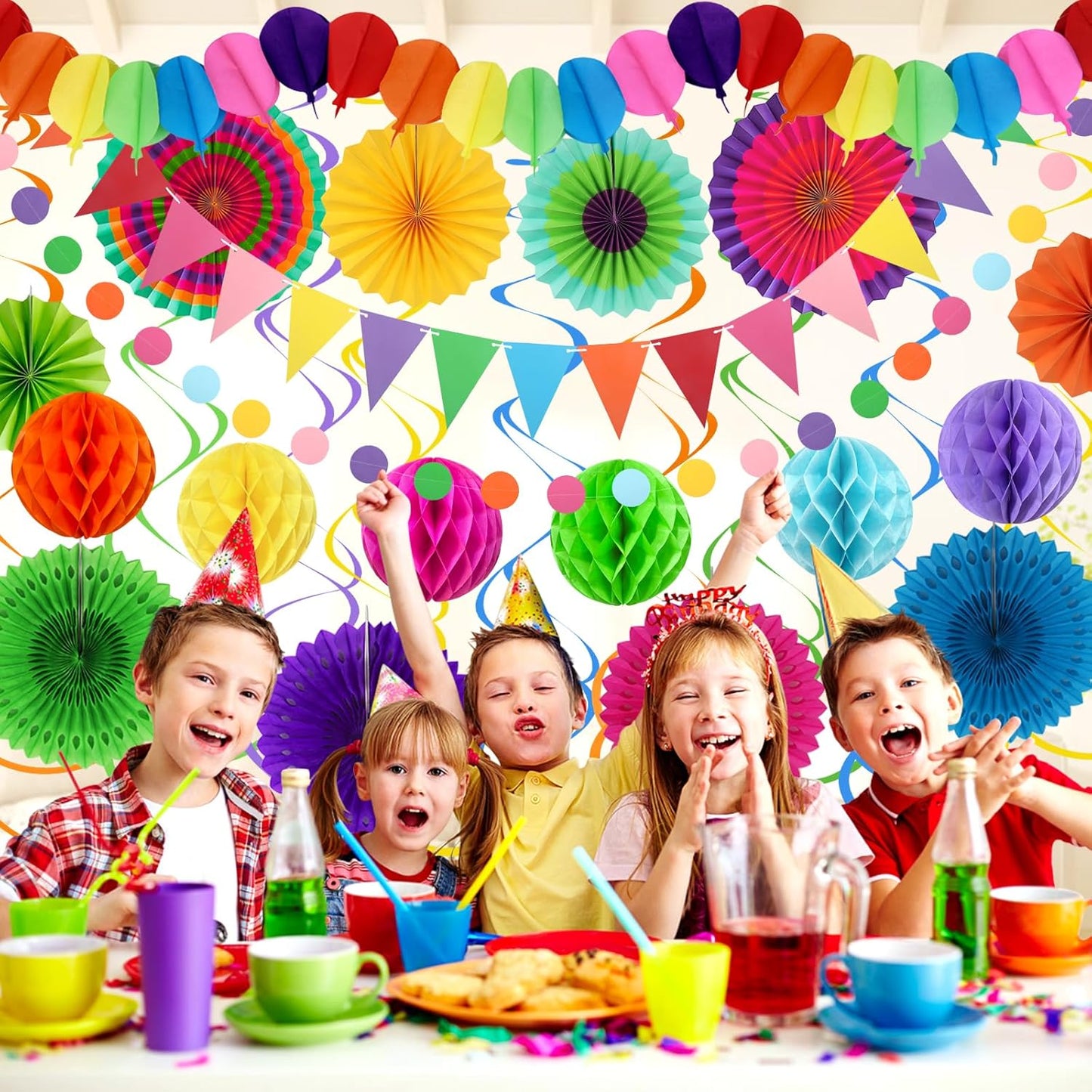 Fiesta Party Decorations - Easy to Assemble Multicolored Paper Fan Honeycomb Ball Garland Hanging Swirl for Mexican Party Cinco De Mayo Taco Themed Party Decorations Birthday Rainbow Parties