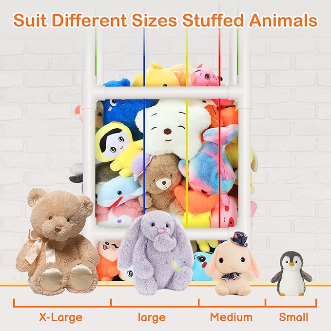 Stuffed Animal Storage with Hanging Chain, 2 in 1 Movable Stuffed Animal Zoo, Large Capacity Stuff Animal Toy Storage Organizer Holder for Nursery Playroom Bedroom Kid Room (White)