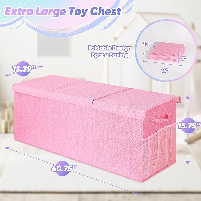 Extra Large Toy Box, Toy Box for Kids Boys Girls, Collapsible Sturdy Toy Storage Organizer with Mesh Pockets, 41"x14"x16" Kids Toy Chest Boxes Bins Baskets for Nursery, Playroom, Pink