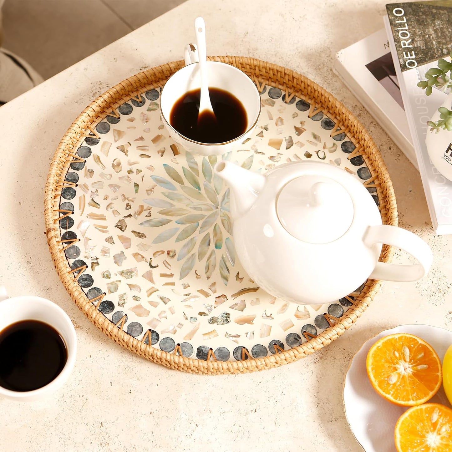 Round Rattan Tray with Mother of Pearl Inlay & Wooden Base - Decorative Wicker Serving Tray for Coffee/Bread/Fruits, Food Storage & Display - Multipurpose Home Decor (L,Blue Shells)