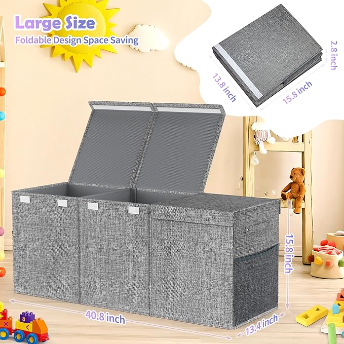 Extra Large Toy Box, Collapsible Sturdy Kids Toy Chest for Boys, Girls, Kids, 41"x14"x16"Toy Storage Organizer Toddler Storage Bins with Lids, Toy Box basket for Living Room, Bedroom, Nursery, Gray