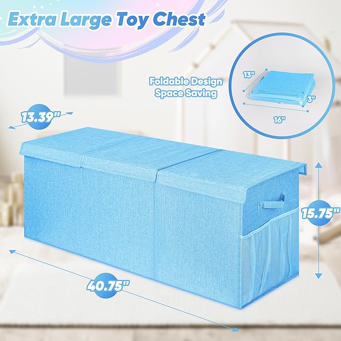Extra Large Toy Box, Toy Box for Kids Boys Girls, Collapsible Sturdy Toy Storage Organizer with Mesh Pockets, 41"x14"x16" Kids Toy Chest Boxes Bins Baskets for Nursery, Playroom, Blue