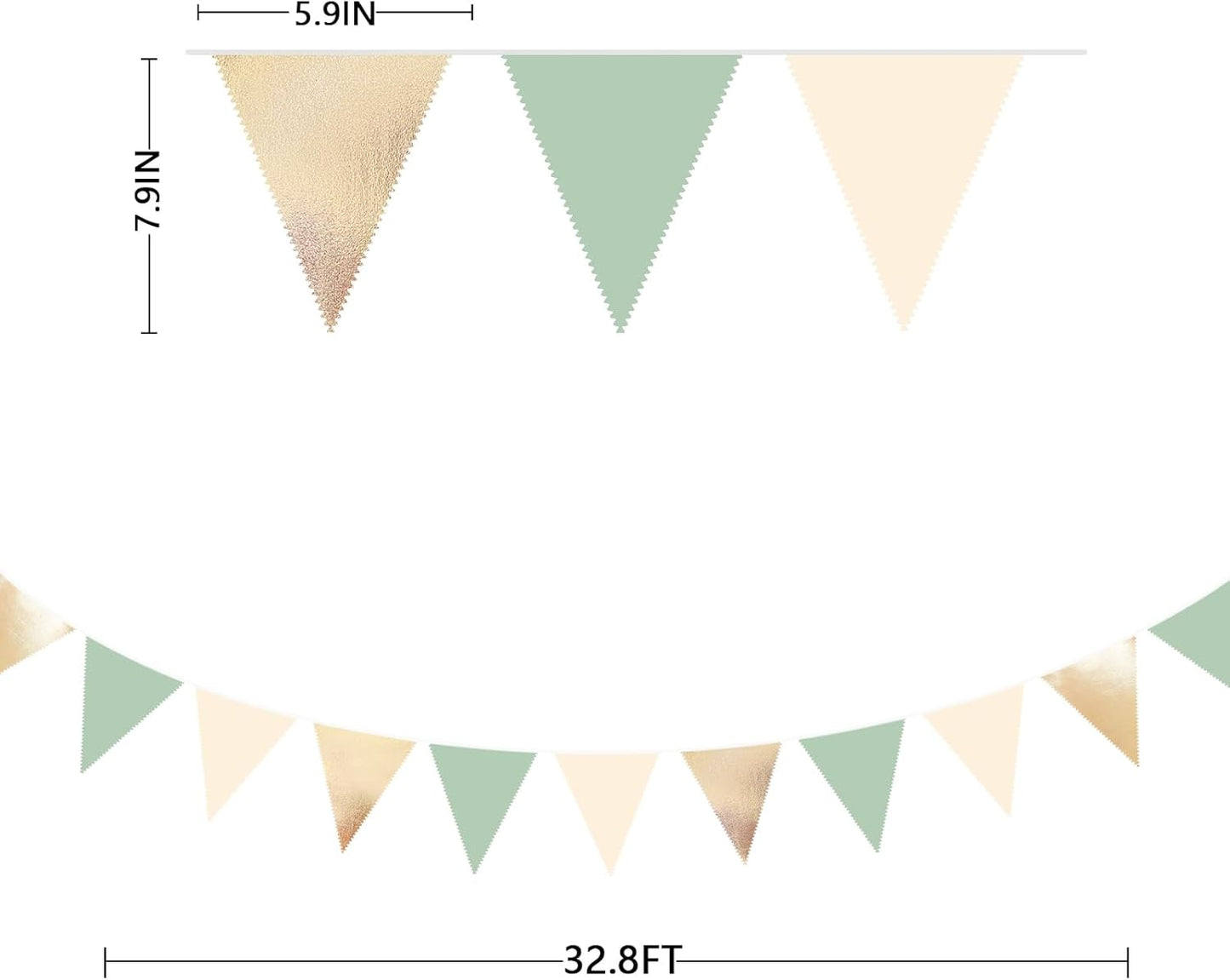 Sage Green Beige Champagne Gold Party Decorations Metallic Fabric Triangle Pennant Banner Bunting Flag Garland for Baby Shower Birthday Wedding Engagement Bridal Shower Graduation Decoration Supplies