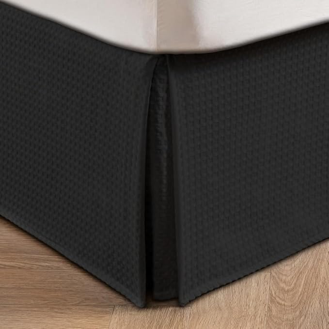 MIYE Pleated Waffle Weave Bed Skirt, Tailored Dust Ruffle 14 Inch Drop Easy Fit, Machine Washable (Black, Twin - 14" Drop)