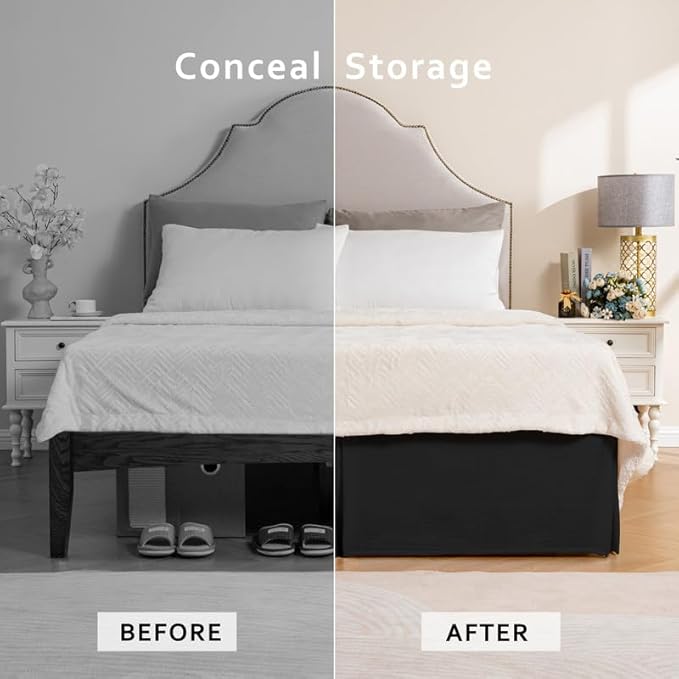 MIYE Pleated Waffle Weave Bed Skirt, Tailored Dust Ruffle 14 Inch Drop Easy Fit, Machine Washable (Black, Twin - 14" Drop)