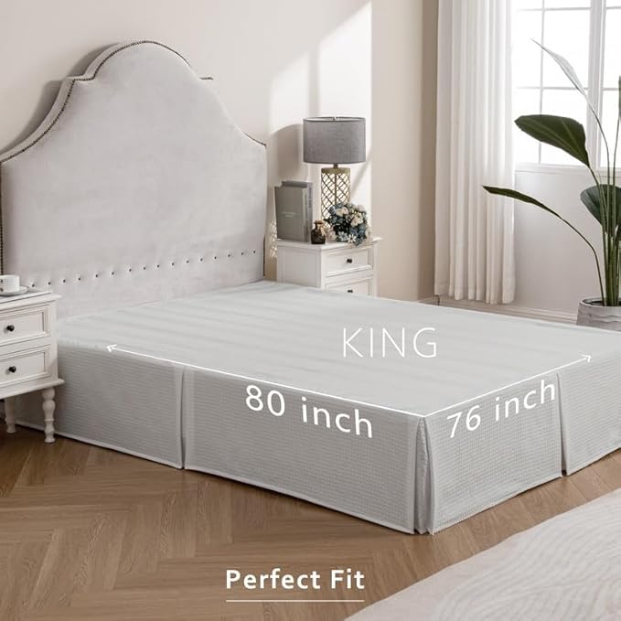 MIYE Pleated Waffle Weave Bed Skirt, Tailored Dust Ruffle 16 Inch Drop Easy Fit, Machine Washable (Light Grey, King - 16" Drop)