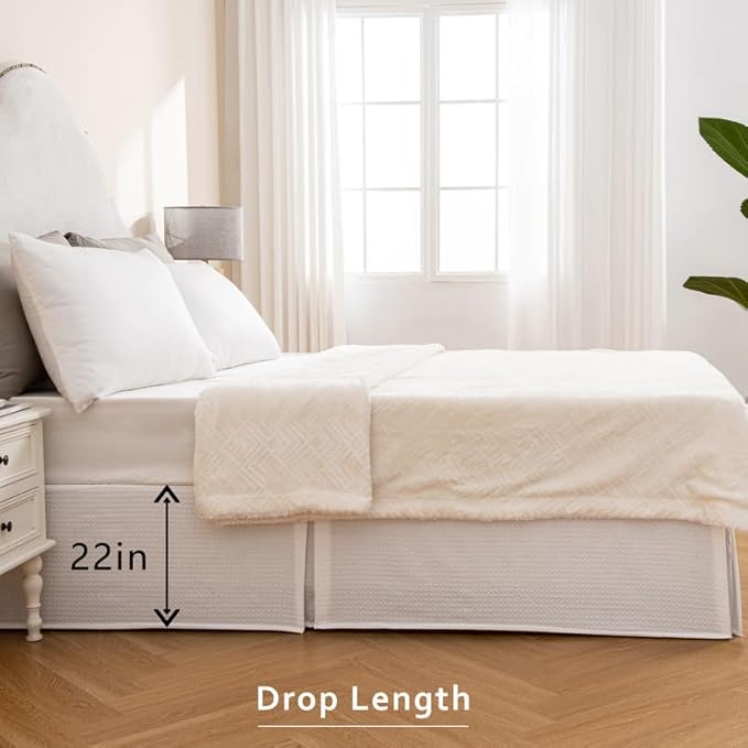 MIYE Pleated Waffle Weave Bed Skirt, Tailored Dust Ruffle 22 Inch Drop Easy Fit, Machine Washable (White,Cal King - 22" Drop)