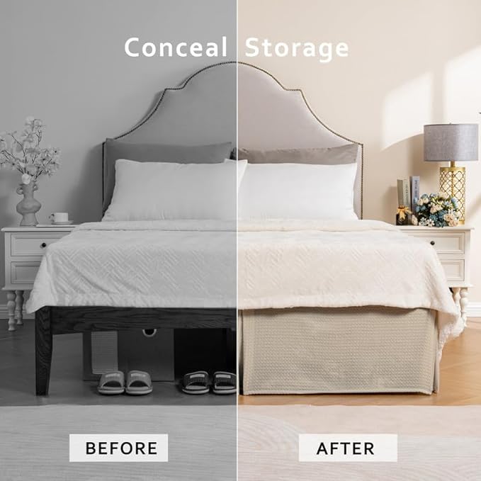 MIYE Pleated Waffle Weave Bed Skirt, Tailored Dust Ruffle 16 Inch Drop Easy Fit, Machine Washable (Cream, Queen - 16" Drop)