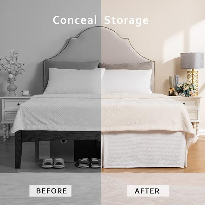 MIYE Pleated Waffle Weave Bed Skirt, Tailored Dust Ruffle 12 Inch Drop Easy Fit, Machine Washable (White, Twin - 12" Drop)