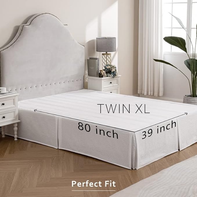 MIYE Pleated Waffle Weave Bed Skirt, Tailored Dust Ruffle 18 Inch Drop Easy Fit, Machine Washable (White, TwinXL - 18" Drop)