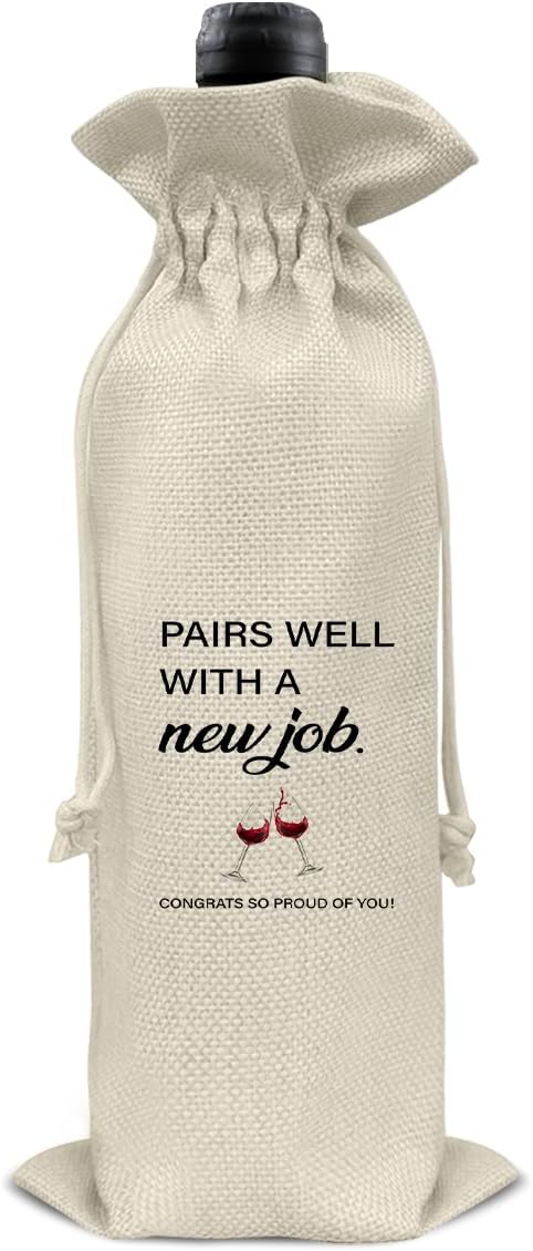 HOIJAUMAI New Job Gift Wine Bag, Going Away Gifts for Coworker Friends Women Men, Farewell Gift for Coworker, Pairs Well with a New Job Burlap Drawstring Wine Bag