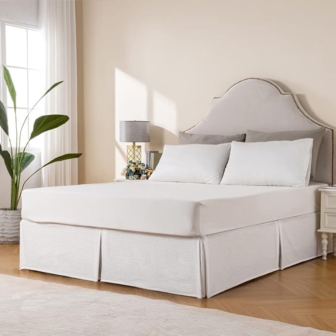 MIYE Pleated Waffle Weave Bed Skirt, Tailored Dust Ruffle 12 Inch Drop Easy Fit, Machine Washable (White, Twin - 12" Drop)