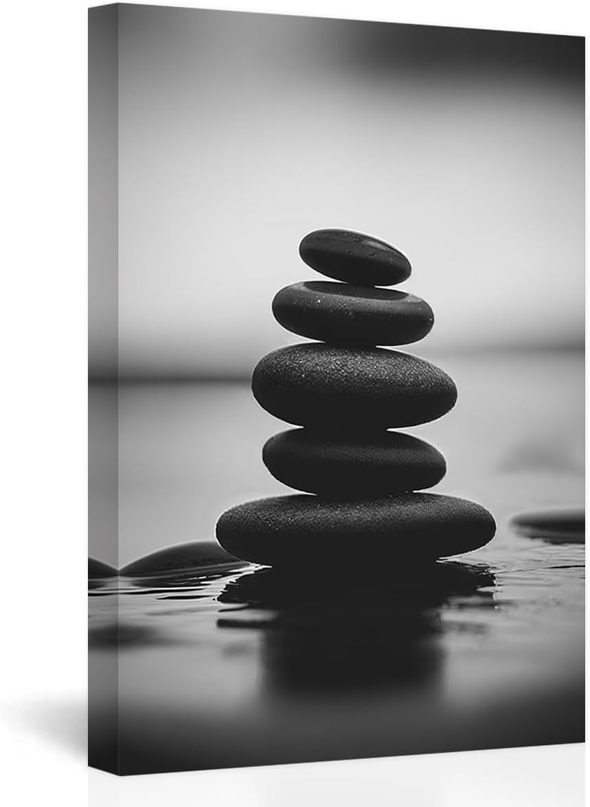 DOARTDO Zen Canvas Wall Art Black and White Zen Stone Picture Print Meditation Relax Spirit Spa Room Bathroom Decor Frame (16.00" x 24.00", Zen Stone - 3)