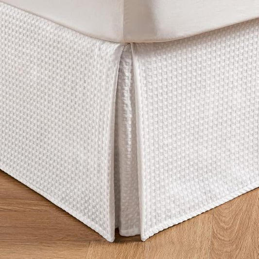 MIYE Pleated Waffle Weave Bed Skirt, Tailored Dust Ruffle 18 Inch Drop Easy Fit, Machine Washable (White, Twin - 18" Drop)