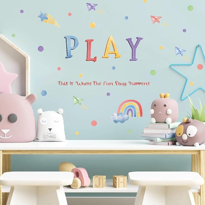 LHIUEM Polka Dot Wall Decals Rainbow Wall Sticker 82 PCS Cute Toddler Girl Decoration Cloud Star Watercolor Wallpaper Boho Kids Wall Posters Play Quotes Decal for Kids Boys Gifts in Nursery Playroom
