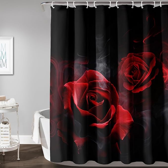 AILONEN Red and Black Rose Shower Curtain,Romantic Smoky Luxury Rose Bathroom Decor,Red Flower Garden Floral Bath Curtain,Waterproof 36" W x 72" H