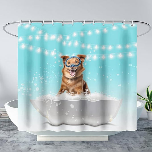 AILONEN 3D Bathtub Dog Shower Curtain for Kids 48" W*72" H Inch,Kawaii Diving Dog Sitting in a Bathtub Shower Curtain,12 Pack Hooks Polyester Waterproof Fabric Decor for Bathroom Bathtub Panels