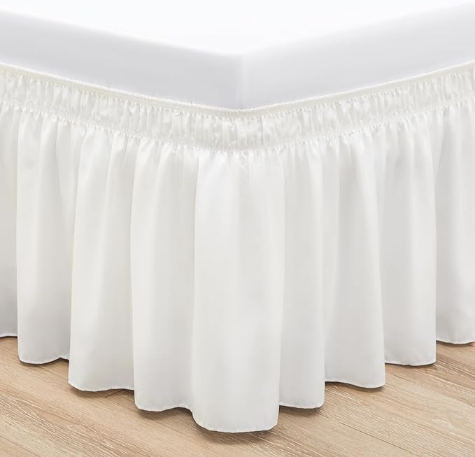 RIMELA Ivory Bed Skirt Queen Size 12 Inch Drop, Wrap Around Elastic Adjustable Bedskirt, Bed skirting Dust Ruffle for Bed Frame & Box Spring Soft Durable Fabric Machine Washable Easy to Install