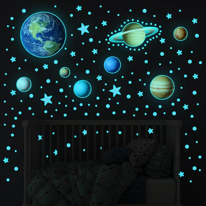 Glow in The Dark Solar System Wall Decals,Glow in The Dark Stars Solar System Wall Decals,Sun and 8 Major Planets Wall Decals for Bedroom, Nursery Wall Stickers for Bedroom (Blue)