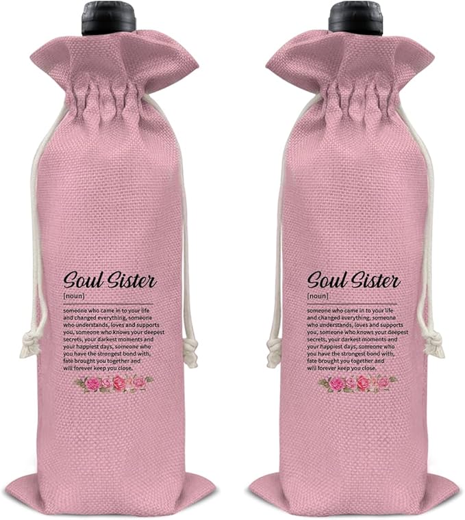 HOIJAUMAI Soul Sister Gift Friendship Gift Soul Sister Definition Wine Bag Soul Sister Wine Gift Bags for Women Best Friends Bestie BFF (Pink)