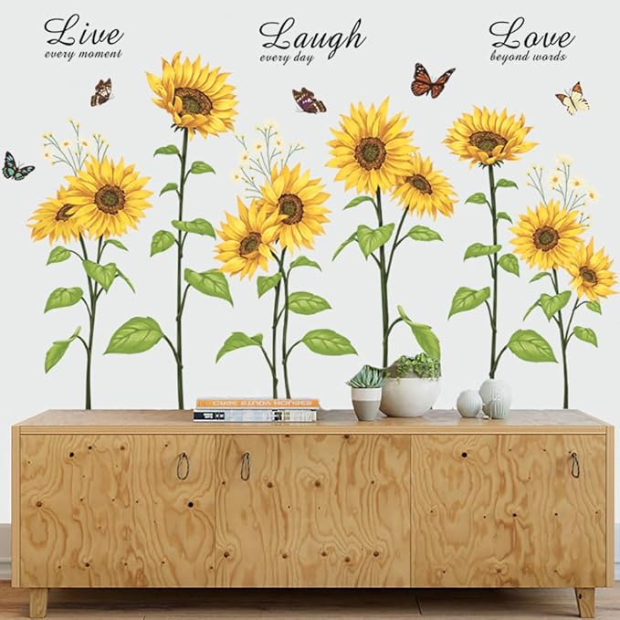 Runtoo Sunflower Butterfly Wall Art Stickers Flower Live Laugh Love Quotes Wall Decals Kids Bedroom Living Room Nursery Wall Decor