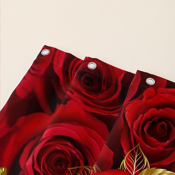 AILONEN Red Rose Couple Shower Curtain,Red and Gold Hearts Printed Bath Curtain,Modern Waterproof Luxury Rose Themed Bathroom Decor, 72" W x 72" H