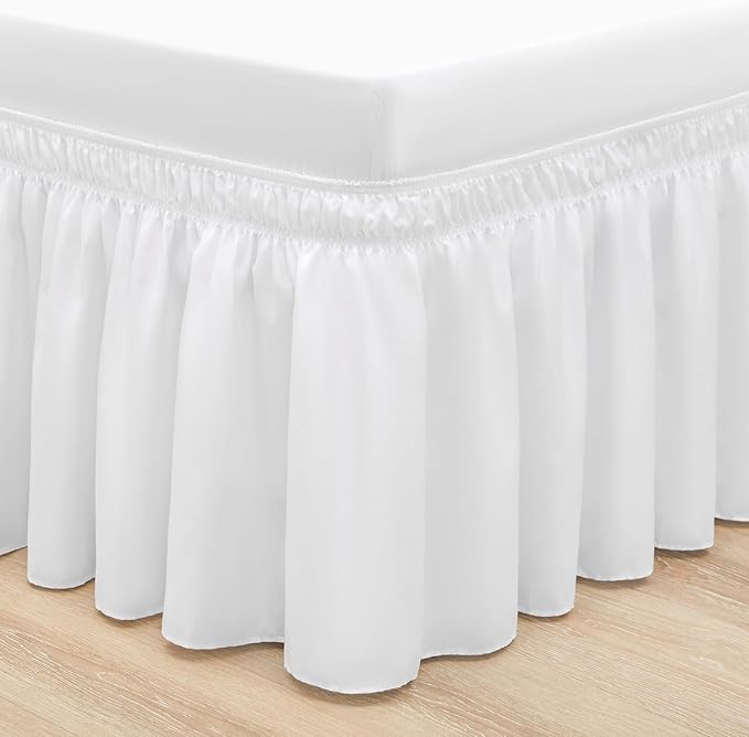 RIMELA Bed Skirting Queen Size White Bed Skirt 21 Inch Drop, Wrap Around Elastic Adjustable Bedskirt, Dust Ruffle for Bed Frame & Box Spring Soft Durable Fabric Machine Washable Easy to Install