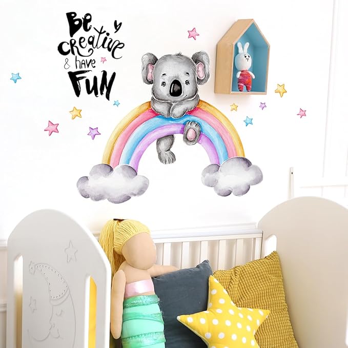 Cartoon Koala on Rainbow Wall Decal - 88cm x 34.64in Finished Size, Inspiring 'Be Creative & Have Fun' Message