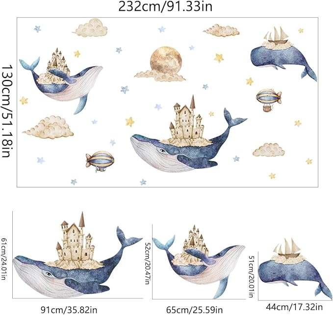 Cartoon Animals Wall Stickers for Kids Bedroom Nursery, Whale Wall Decals, Blue