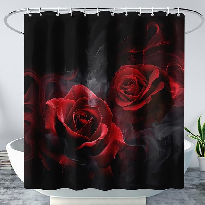 AILONEN Red and Black Rose Shower Curtain,Romantic Smoky Luxury Rose Bathroom Decor,Red Flower Garden Floral Bath Curtain,Waterproof 48" W x 72" H