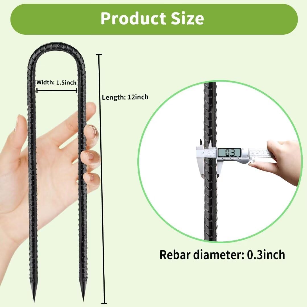 Ground-Stakes-Heavy-Duty-12 inch, U-Hook Rebar Stakes Black Coated Anti-Rust 10pcs Garden Stakes Metal Ground Anchors for Garden Dog Fence Chicken Coop Christmas Decorations Deer Fence