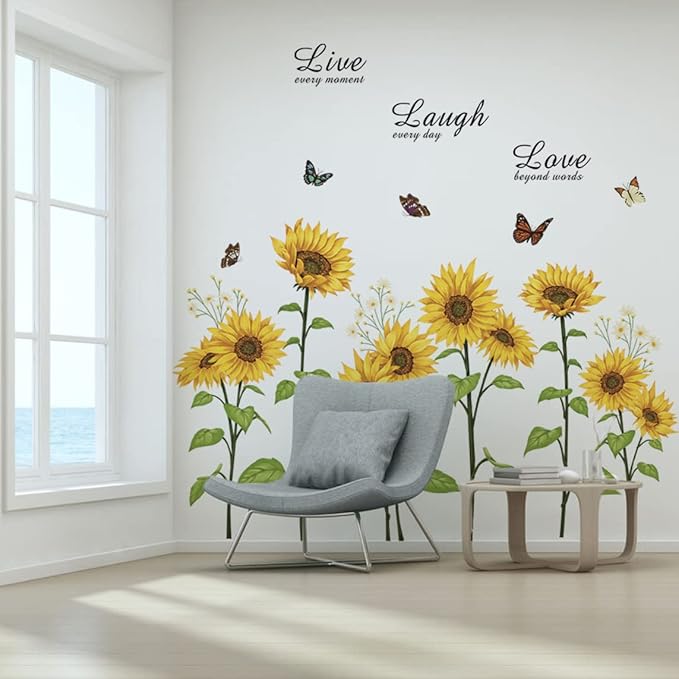 Runtoo Sunflower Butterfly Wall Art Stickers Flower Live Laugh Love Quotes Wall Decals Kids Bedroom Living Room Nursery Wall Decor