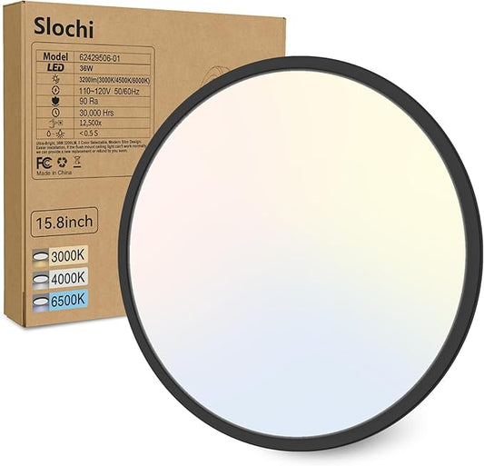 slochi 15.8 Inch Flush Mount LED Ceiling Light Black, 36W Ultra Thin LED Ceiling Light, 3000K/4000K/6500K 3 Color Temperature Low Profile Ceiling Light Fixtures for Kitchen Living Room Bedroom
