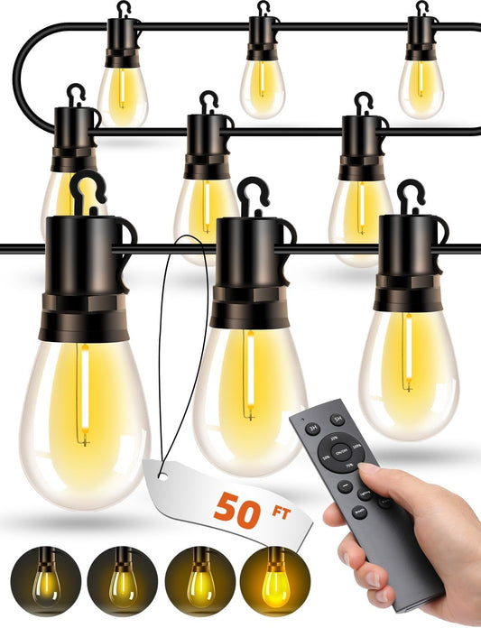 Outdoor Patio String Lights: S14 Shatterproof Bulb Outside Waterproof Light - 50Ft 15M Remote Dimmable Connectable Hanging Outdoor Electric Lighting - Garden Backyard Yard Gazebo Porch Party