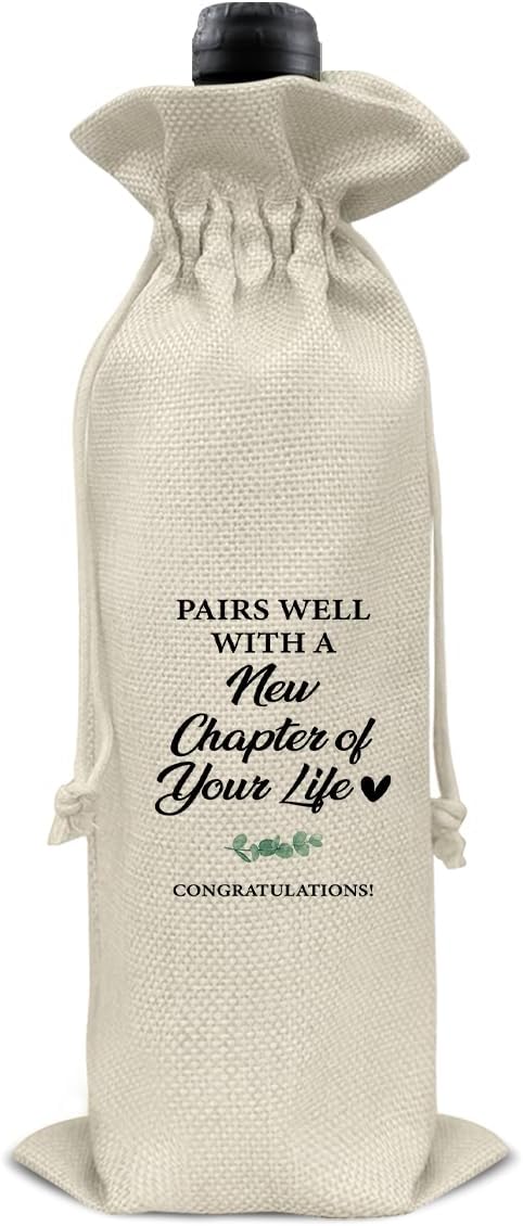 HOIJAUMAI New Chapter Wine Bag, New Job Gift for Women Men, Going Away Gifts for Coworker Colleague Friends, Pairs Well with a New Chapter of Your Life Burlap Drawstring Wine Bag